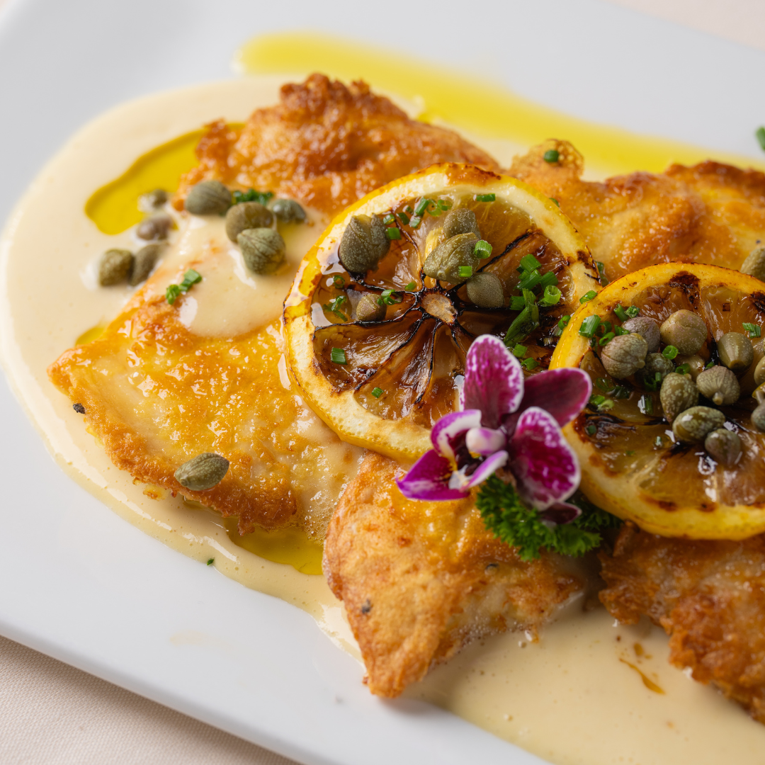 Chicken Francese, Red Bird chicken cutlets, Parmesan crusted, lemon, shallot, capers, white wine pan sauce