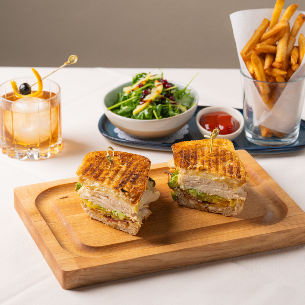 Grilled Chicken panini at Rene, lunch, fries, sandwich, pan