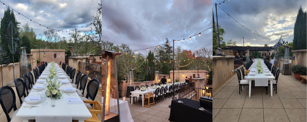 three images showing an elegant private dining setup at René at Tlaquepaque in Sedona. The left image features a long dining table set for an outdoor event with string lights hanging above and scenic trees in the background. The right image shows a similar setup with a long table adorned with white linens, surrounded by black chairs, and additional string lights creating a warm ambiance under a partially cloudy sky.